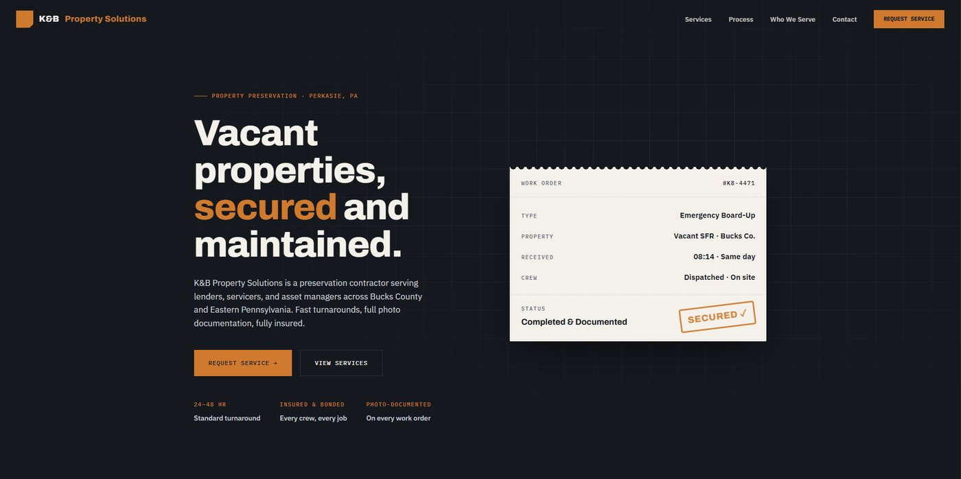 K&B Property Solutions preservation contractor website built by Chimera Digital Services